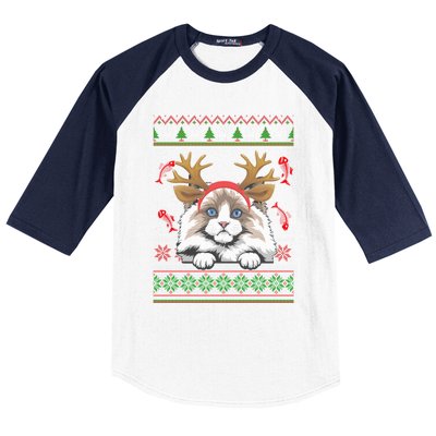 Cute Reindeer Ragdoll Cat Xmas Lights Ugly Christmas Cute Gift Baseball Sleeve Shirt