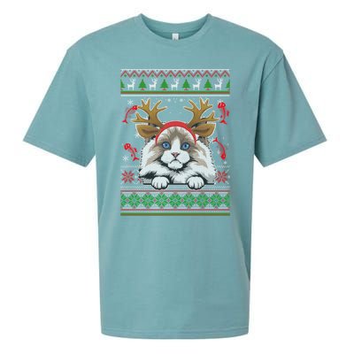 Cute Reindeer Ragdoll Cat Xmas Lights Ugly Christmas Cute Gift Sueded Cloud Jersey T-Shirt