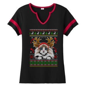 Cute Reindeer Ragdoll Cat Xmas Lights Ugly Christmas Sweater Cute Gift Ladies Halftime Notch Neck Tee