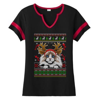 Cute Reindeer Ragdoll Cat Xmas Lights Ugly Christmas Sweater Cute Gift Ladies Halftime Notch Neck Tee