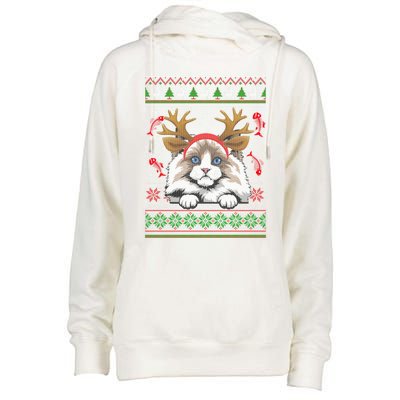 Cute Reindeer Ragdoll Cat Xmas Lights Ugly Christmas Sweater Cute Gift Womens Funnel Neck Pullover Hood