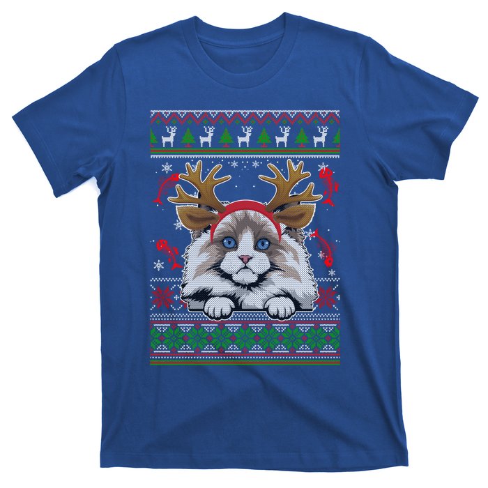 Cute Reindeer Ragdoll Cat Xmas Lights Ugly Christmas Sweater Cute Gift T-Shirt