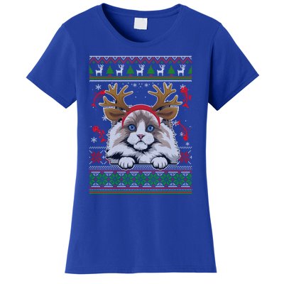 Cute Reindeer Ragdoll Cat Xmas Lights Ugly Christmas Sweater Cute Gift Women's T-Shirt