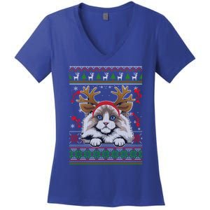 Cute Reindeer Ragdoll Cat Xmas Lights Ugly Christmas Sweater Cute Gift Women's V-Neck T-Shirt