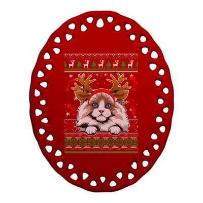 Cute Reindeer Ragdoll Cat Xmas Lights Ugly Christmas Sweater Cute Gift Ceramic Oval Ornament