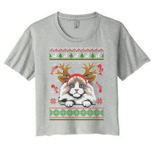 Cute Reindeer Ragdoll Cat Xmas Lights Ugly Christmas Sweater Cute Gift Women's Crop Top Tee