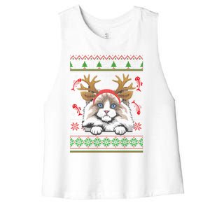 Cute Reindeer Ragdoll Cat Xmas Lights Ugly Christmas Sweater Cute Gift Women's Racerback Cropped Tank