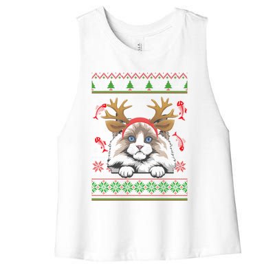 Cute Reindeer Ragdoll Cat Xmas Lights Ugly Christmas Sweater Cute Gift Women's Racerback Cropped Tank