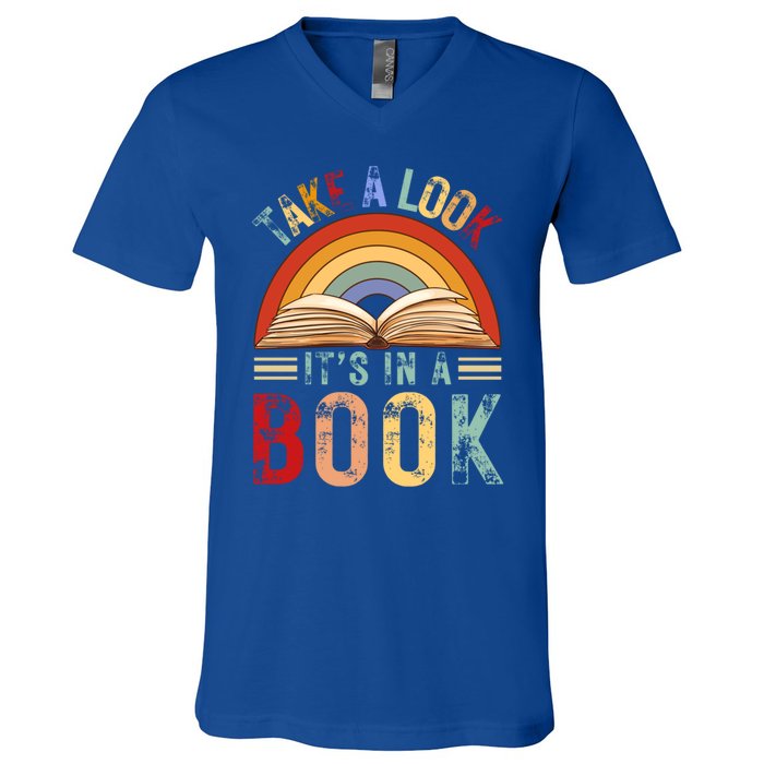 Cool Rainbow Reading Take A Look Its In A Book Retro Vintage Gift V-Neck T-Shirt