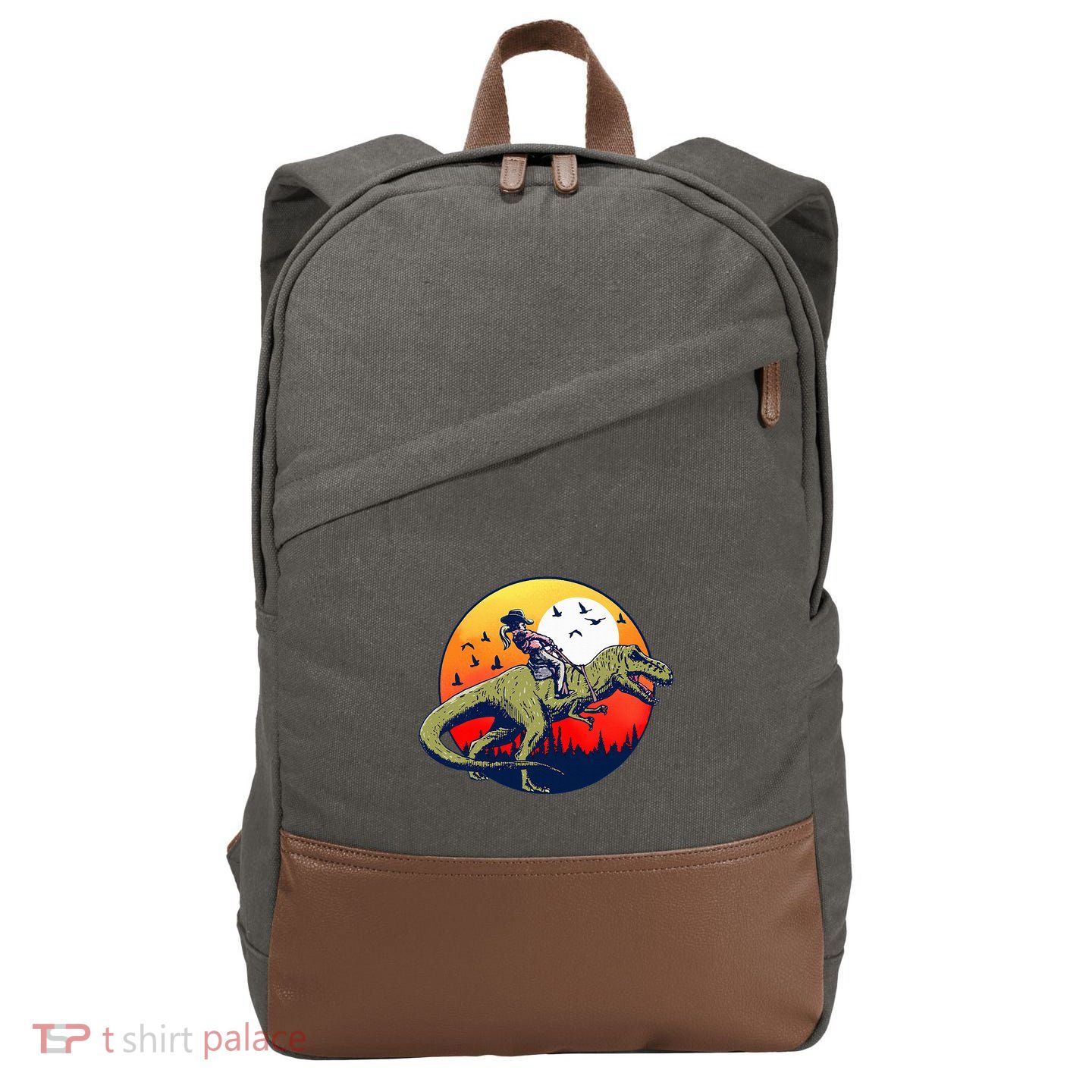 Cowgirl Rodeo Riding T Rex Dinosaur Retro Tyrannosaurus Cotton Canvas Backpack