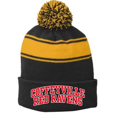 Coffeyville Red R.Avens Community College Stripe Pom Pom Beanie