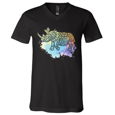 Colorful Rhino Rhinoceros Zoologist Zoology Animal Lover V-Neck T-Shirt