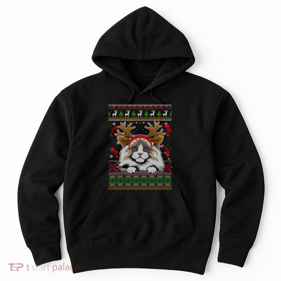 Cute Reindeer Ragdoll Cat Xmas Lights Ugly Christmas Sweater Long Sleeve Hoodie