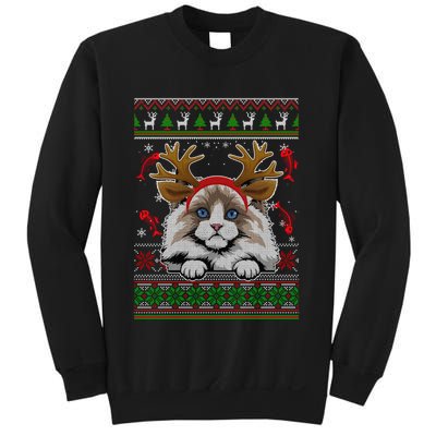 Cute Reindeer Ragdoll Cat Xmas Lights Ugly Christmas Sweater Long Sleeve Sweatshirt