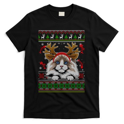 Cute Reindeer Ragdoll Cat Xmas Lights Ugly Christmas Sweater Long Sleeve T-Shirt