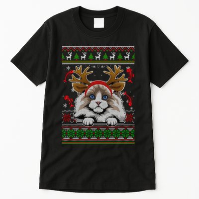 Cute Reindeer Ragdoll Cat Xmas Lights Ugly Christmas Sweater Long Sleeve Tall T-Shirt