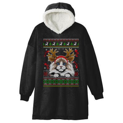 Cute Reindeer Ragdoll Cat Xmas Lights Ugly Christmas Sweater Long Sleeve Hooded Wearable Blanket