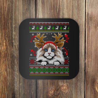 Cute Reindeer Ragdoll Cat Xmas Lights Ugly Christmas Sweater Long Sleeve Coaster