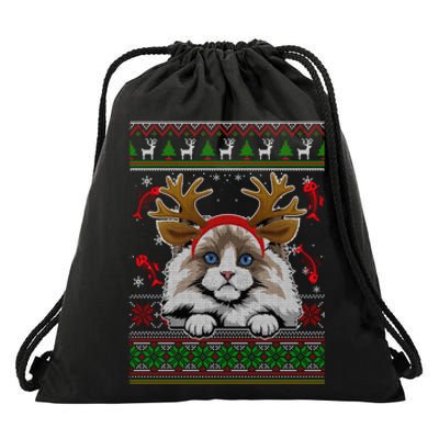 Cute Reindeer Ragdoll Cat Xmas Lights Ugly Christmas Sweater Long Sleeve Drawstring Bag