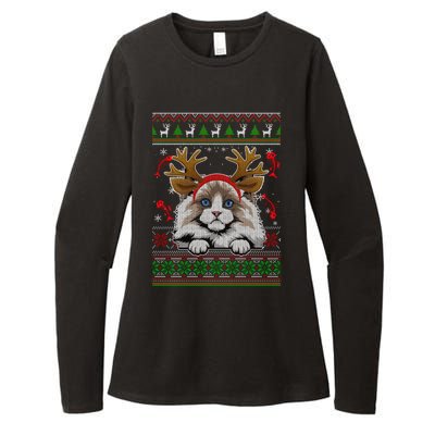 Cute Reindeer Ragdoll Cat Xmas Lights Ugly Christmas Sweater Long Sleeve Womens CVC Long Sleeve Shirt