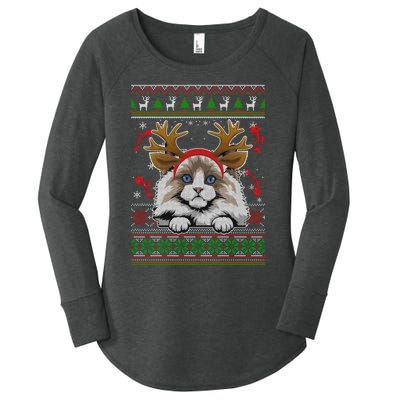 Cute Reindeer Ragdoll Cat Xmas Lights Ugly Christmas Sweater Long Sleeve Women's Perfect Tri Tunic Long Sleeve Shirt