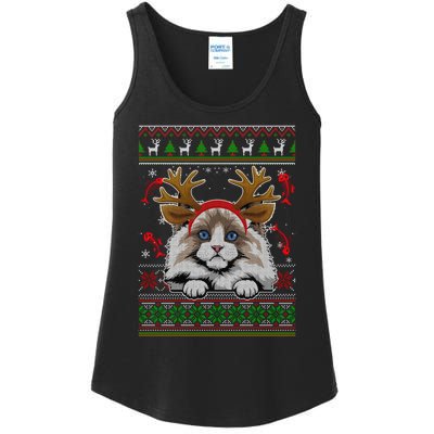 Cute Reindeer Ragdoll Cat Xmas Lights Ugly Christmas Sweater Long Sleeve Ladies Essential Tank