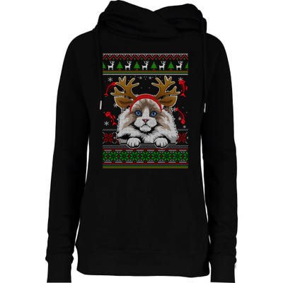 Cute Reindeer Ragdoll Cat Xmas Lights Ugly Christmas Sweater Long Sleeve Womens Funnel Neck Pullover Hood