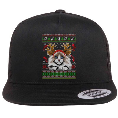 Cute Reindeer Ragdoll Cat Xmas Lights Ugly Christmas Sweater Long Sleeve Flatbill Hat