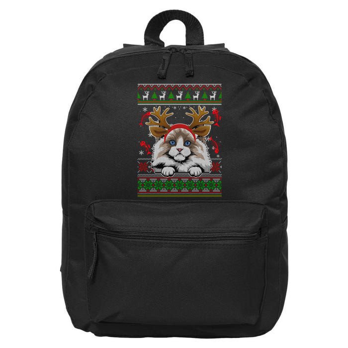 Cute Reindeer Ragdoll Cat Xmas Lights Ugly Christmas Sweater Long Sleeve 16 in Basic Backpack