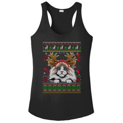 Cute Reindeer Ragdoll Cat Xmas Lights Ugly Christmas Sweater Long Sleeve Ladies PosiCharge Competitor Racerback Tank