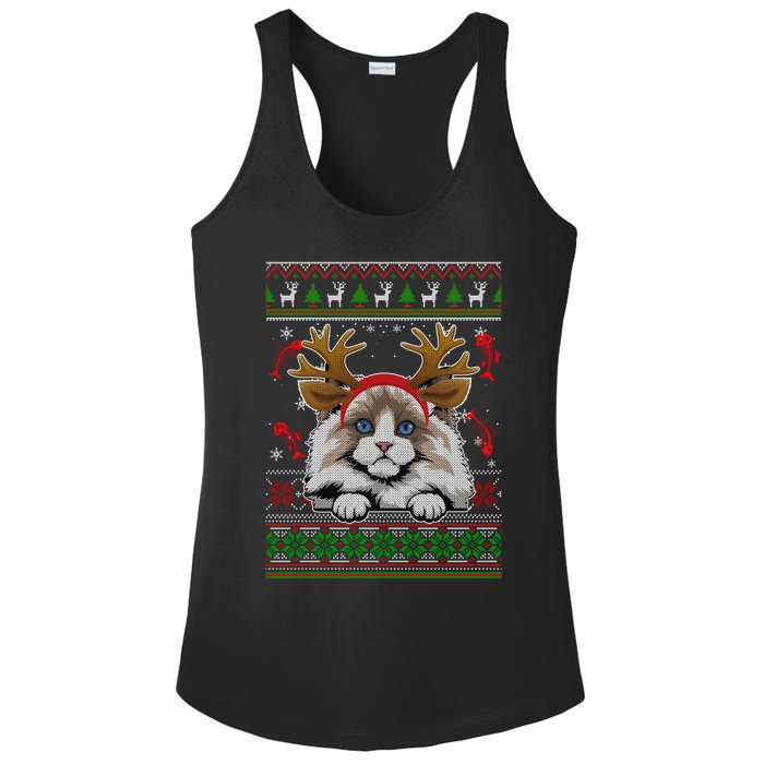 Cute Reindeer Ragdoll Cat Xmas Lights Ugly Christmas Sweater Long Sleeve Ladies PosiCharge Competitor Racerback Tank