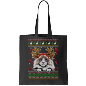 Cute Reindeer Ragdoll Cat Xmas Lights Ugly Christmas Sweater Long Sleeve Tote Bag