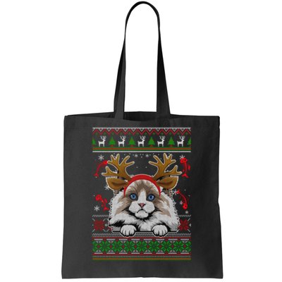 Cute Reindeer Ragdoll Cat Xmas Lights Ugly Christmas Sweater Long Sleeve Tote Bag