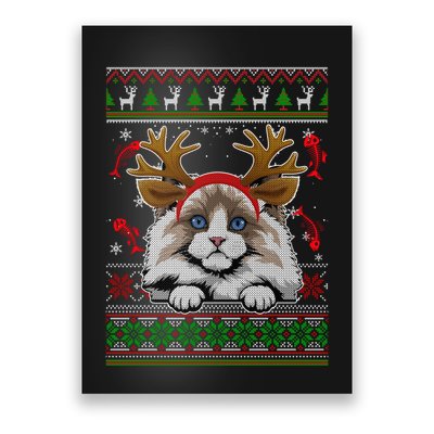 Cute Reindeer Ragdoll Cat Xmas Lights Ugly Christmas Sweater Long Sleeve Poster