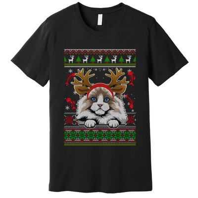 Cute Reindeer Ragdoll Cat Xmas Lights Ugly Christmas Sweater Long Sleeve Premium T-Shirt