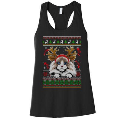 Cute Reindeer Ragdoll Cat Xmas Lights Ugly Christmas Sweater Long Sleeve Women's Racerback Tank