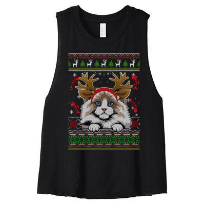 Cute Reindeer Ragdoll Cat Xmas Lights Ugly Christmas Sweater Long Sleeve Women's Racerback Cropped Tank