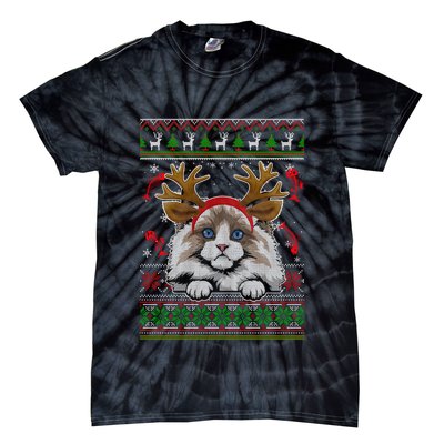 Cute Reindeer Ragdoll Cat Xmas Lights Ugly Christmas Sweater Long Sleeve Tie-Dye T-Shirt