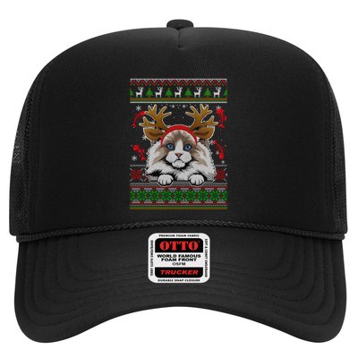 Cute Reindeer Ragdoll Cat Xmas Lights Ugly Christmas Sweater Long Sleeve Trucker Hat