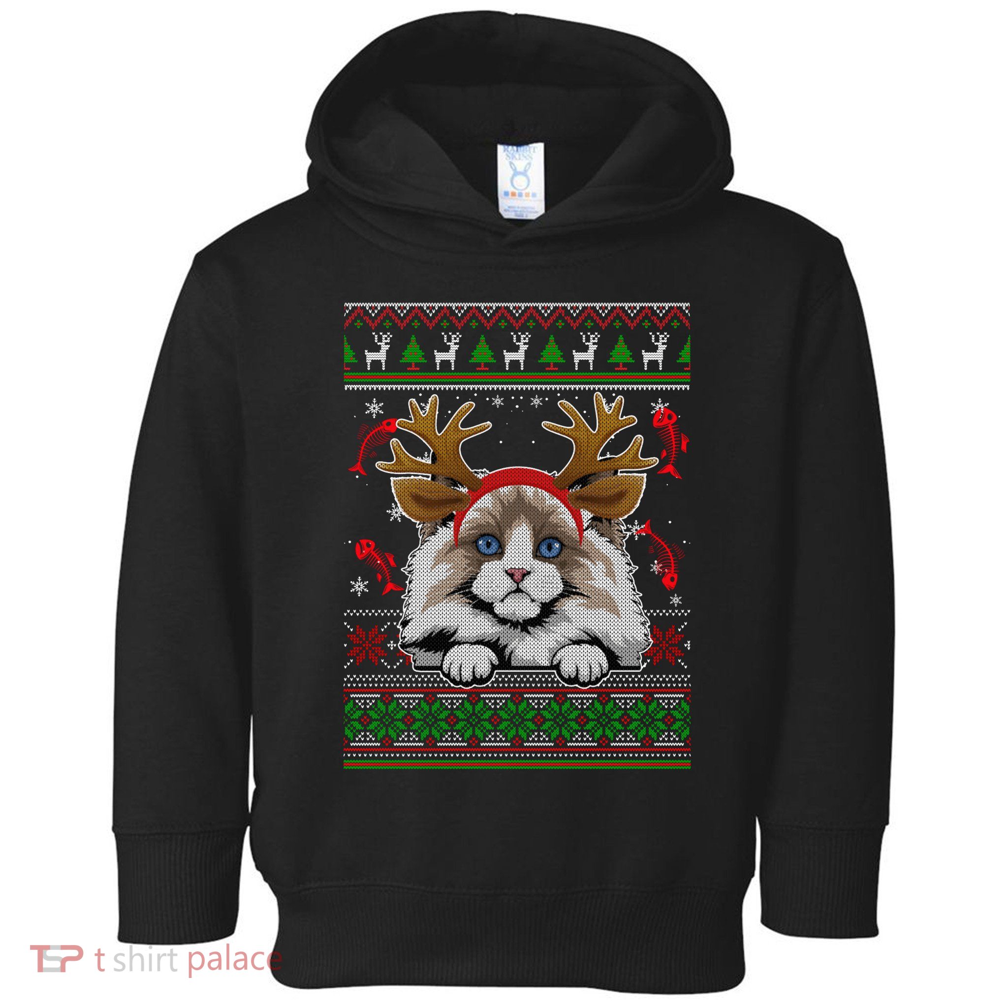 Cute Reindeer Ragdoll Cat Xmas Lights Ugly Christmas Sweater Long Sleeve Toddler Hoodie