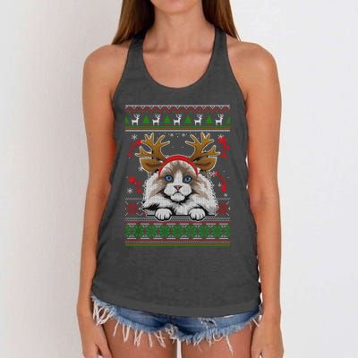 Cute Reindeer Ragdoll Cat Xmas Lights Ugly Christmas Sweater Long Sleeve Women's Knotted Racerback Tank