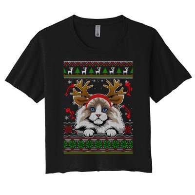 Cute Reindeer Ragdoll Cat Xmas Lights Ugly Christmas Sweater Long Sleeve Women's Crop Top Tee