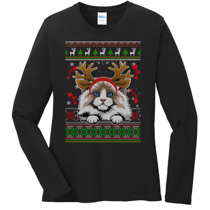 Cute Reindeer Ragdoll Cat Xmas Lights Ugly Christmas Sweater Long Sleeve Ladies Long Sleeve Shirt