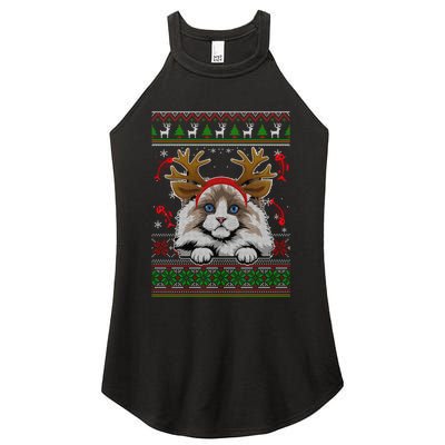 Cute Reindeer Ragdoll Cat Xmas Lights Ugly Christmas Sweater Long Sleeve Women's Perfect Tri Rocker Tank