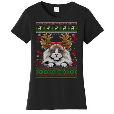 Cute Reindeer Ragdoll Cat Xmas Lights Ugly Christmas Sweater Long Sleeve Women's T-Shirt