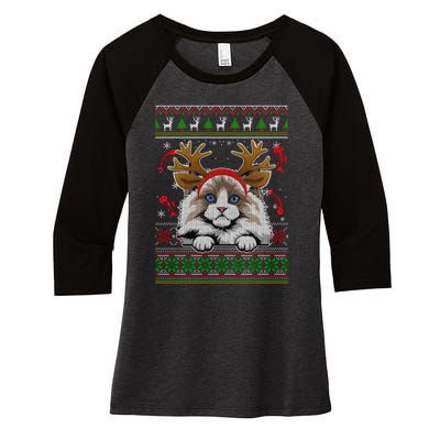 Cute Reindeer Ragdoll Cat Xmas Lights Ugly Christmas Sweater Long Sleeve Women's Tri-Blend 3/4-Sleeve Raglan Shirt