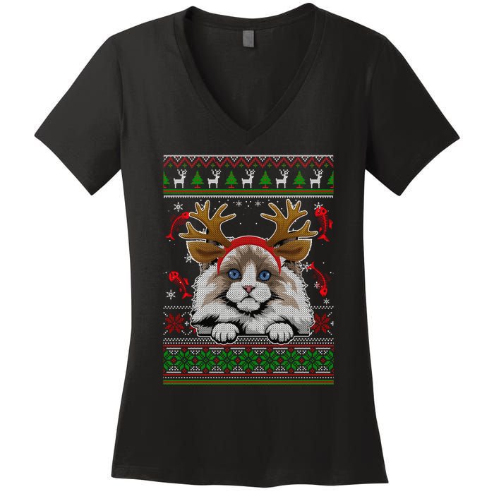 Cute Reindeer Ragdoll Cat Xmas Lights Ugly Christmas Sweater Long Sleeve Women's V-Neck T-Shirt