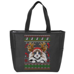 Cute Reindeer Ragdoll Cat Xmas Lights Ugly Christmas Sweater Long Sleeve Zip Tote Bag