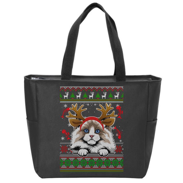 Cute Reindeer Ragdoll Cat Xmas Lights Ugly Christmas Sweater Long Sleeve Zip Tote Bag