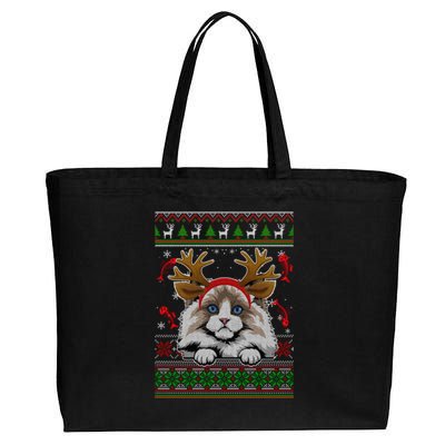 Cute Reindeer Ragdoll Cat Xmas Lights Ugly Christmas Sweater Long Sleeve Cotton Canvas Jumbo Tote